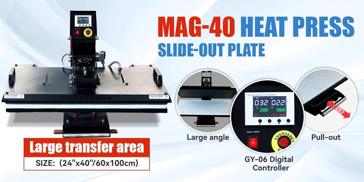 MAG-40 storformat varmepresse 60 x 100 cm med auto-open for sublimasjon og transfertrykk